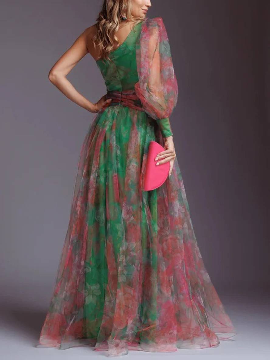 Levoire | Robe Longue À Motifs Floraux En Chiffon Tulle Coupée Sur Le Côté Une Épaule Femmes Élégantes Décontractées De Soirée