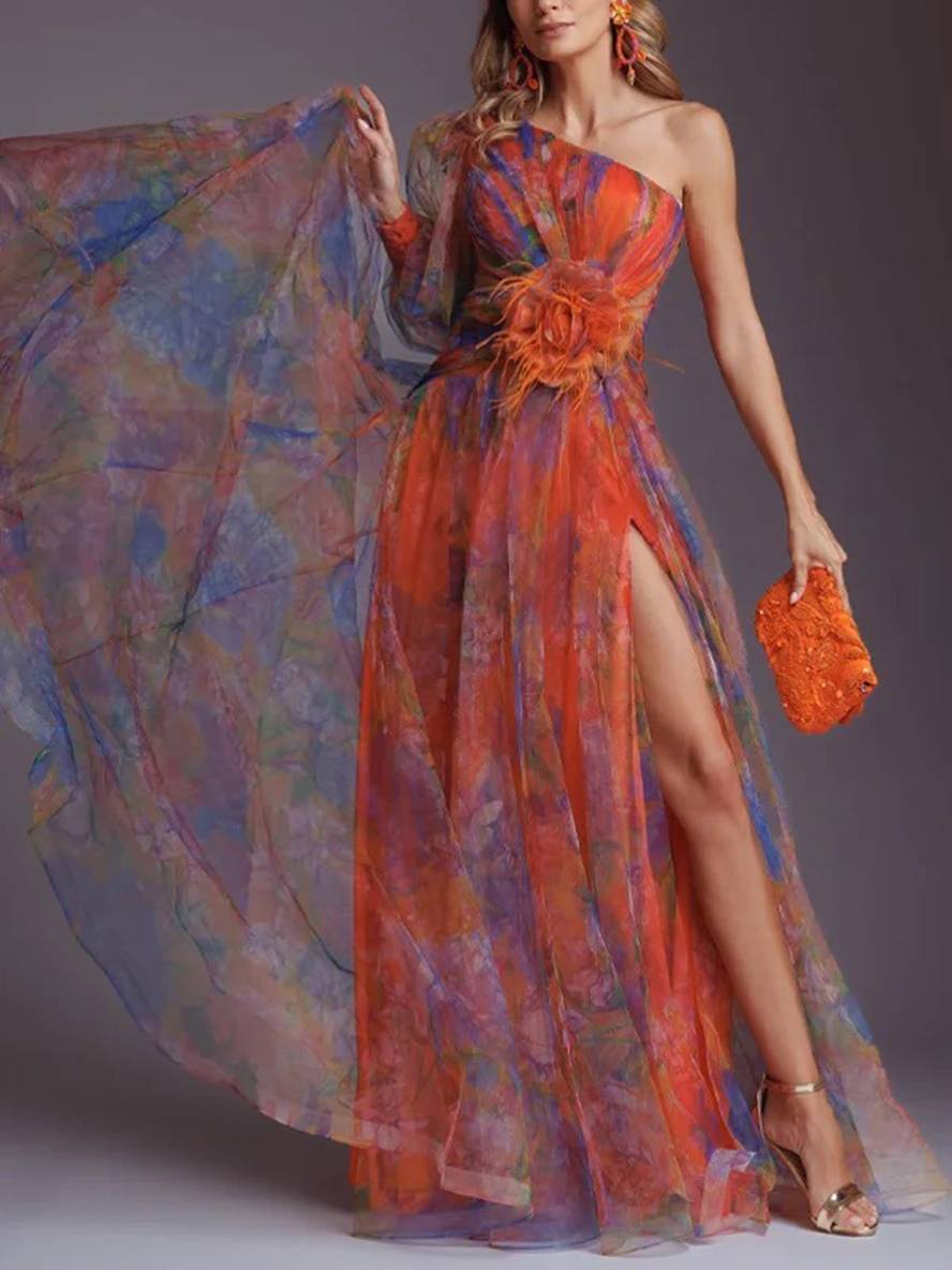 Levoire | Robe Longue À Motifs Floraux En Chiffon Tulle Coupée Sur Le Côté Une Épaule Femmes Élégantes Décontractées De Soirée Rot
