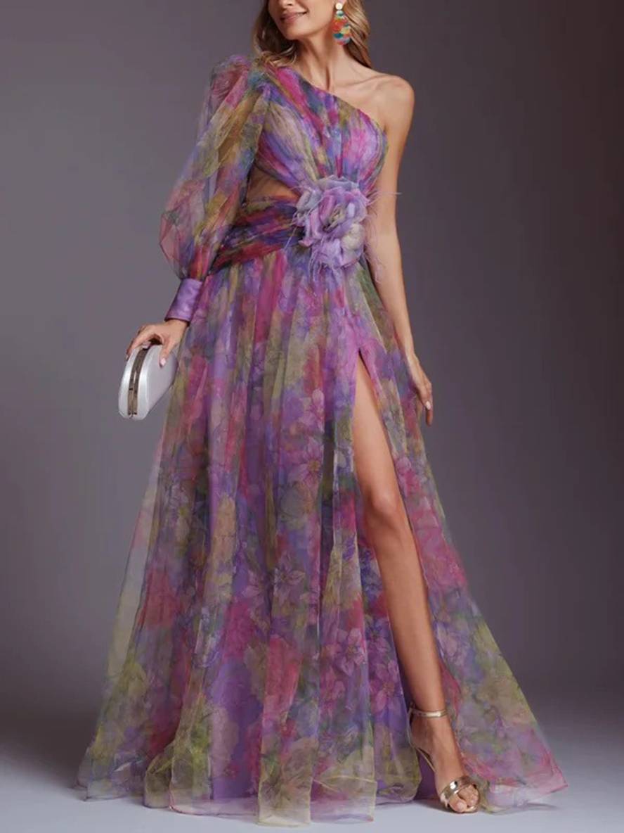 Levoire | Robe Longue À Motifs Floraux En Chiffon Tulle Coupée Sur Le Côté Une Épaule Femmes Élégantes Décontractées De Soirée