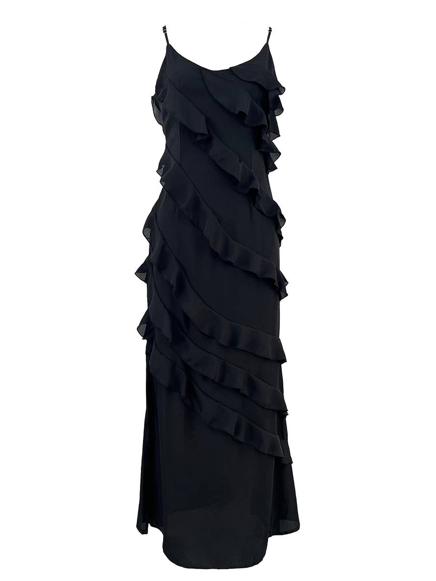 Levoire | Robe Longue Cintrée En Chiffon Avec Décolleté Froncé Dans Le Dos Et Fines Bretelles À Col En V Sans Manches Pour Dames Soirée Mariage