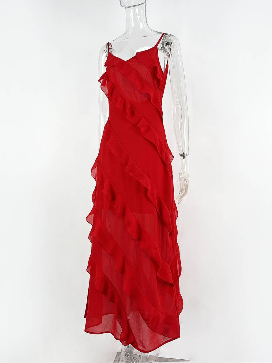 Levoire | Robe Longue Cintrée En Chiffon Avec Décolleté Froncé Dans Le Dos Et Fines Bretelles À Col En V Sans Manches Pour Dames Soirée Mariage