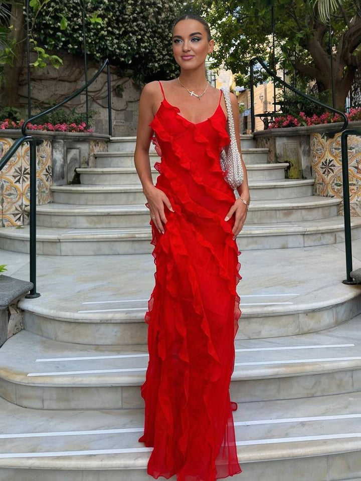 Levoire | Robe Longue Cintrée En Chiffon Avec Décolleté Froncé Dans Le Dos Et Fines Bretelles À Col En V Sans Manches Pour Dames Soirée Mariage
