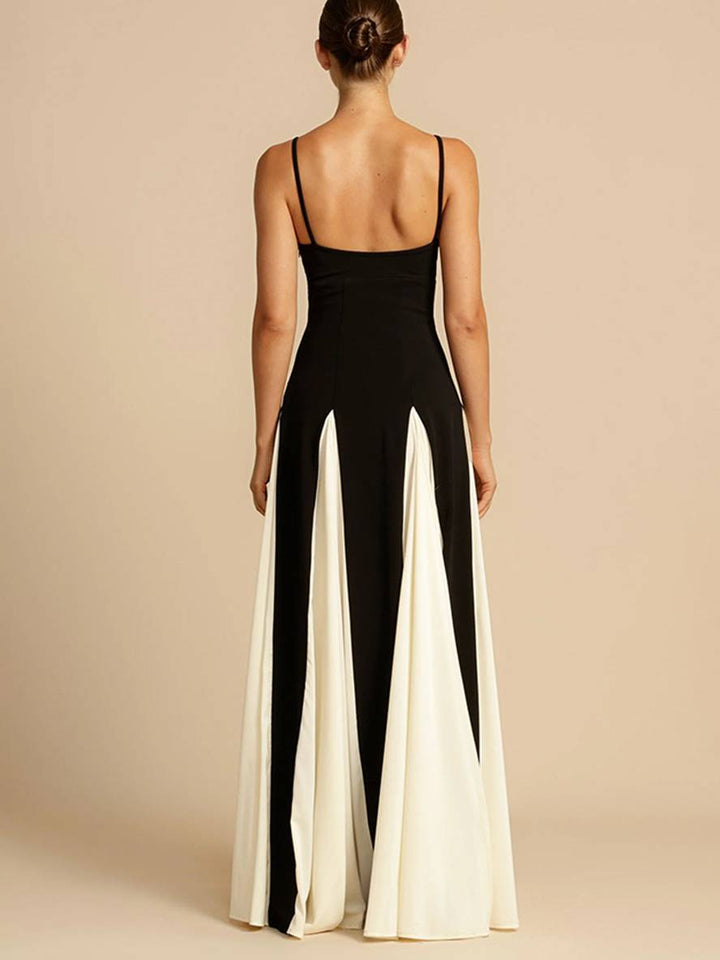 Levoire | Robe Longue Blanc Noir Bloc De Couleur Décolleté En V Plissé Avec Fines Bretelles Sans Manches Élégante Décontractée Robe De Soirée Pour Mariage