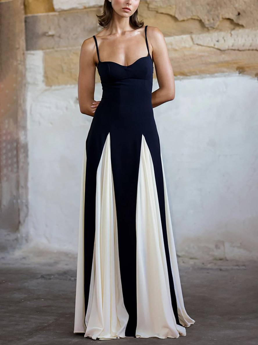 Levoire | Robe Longue Blanc Noir Bloc De Couleur Décolleté En V Plissé Avec Fines Bretelles Sans Manches Élégante Décontractée Robe De Soirée Pour Mariage