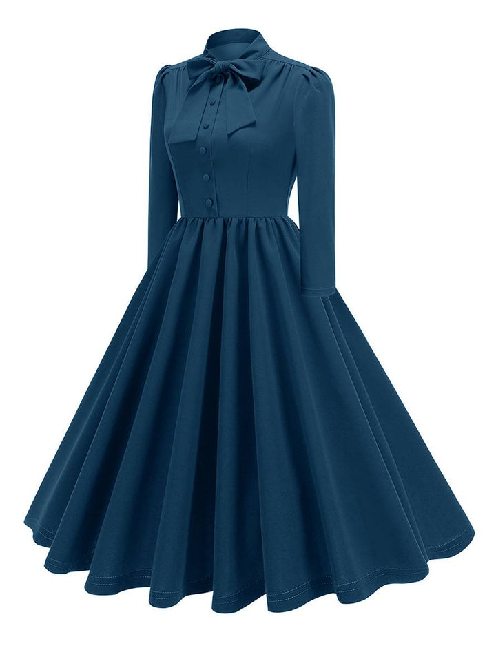 Levoire | Robe Trapèze Longue Fluide Avec Col En Nœud Papillon À Manches Longues Élégante Décontractée Vintage Robe De Cocktail