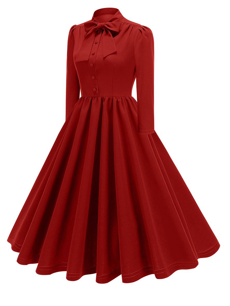 Levoire | Robe Trapèze Longue Fluide Avec Col En Nœud Papillon À Manches Longues Élégante Décontractée Vintage Robe De Cocktail