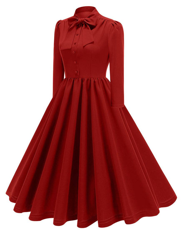 Levoire | Robe Trapèze Longue Fluide Avec Col En Nœud Papillon À Manches Longues Élégante Décontractée Vintage Robe De Cocktail