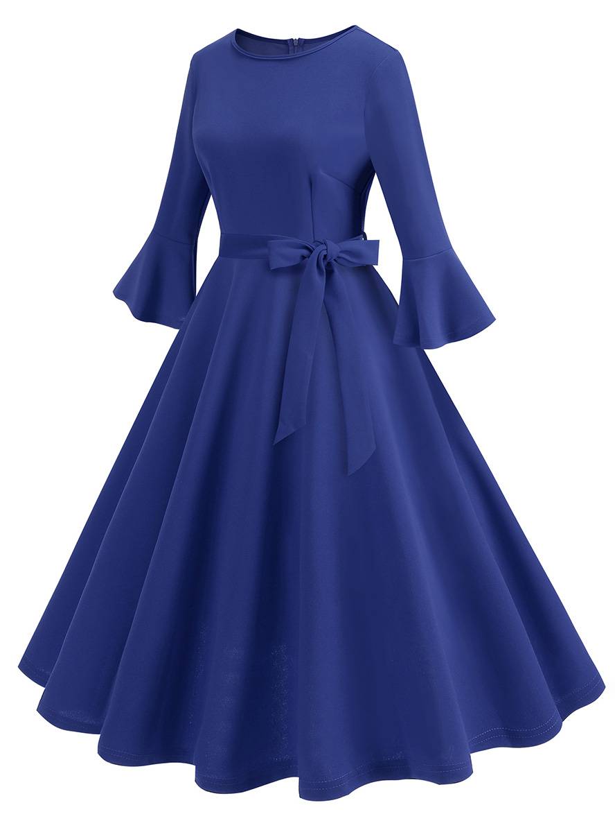 Levoire | Robe Trapèze Longue Fluide Ceinture À Nœud Manches Floues Élégante Vintage Bal De Promo Halloween