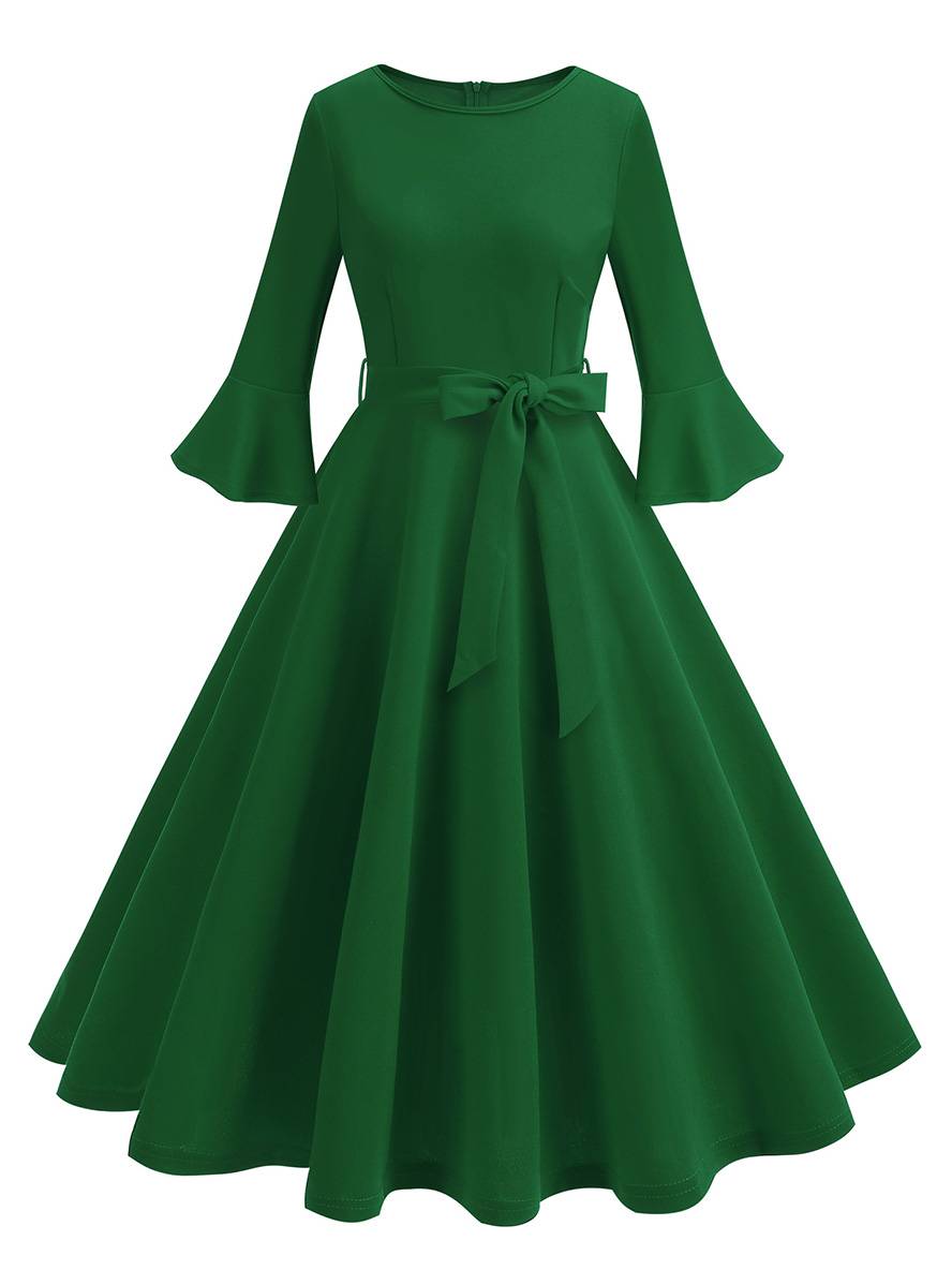 Levoire | Robe Trapèze Longue Fluide Ceinture À Nœud Manches Floues Élégante Vintage Bal De Promo Halloween Vert