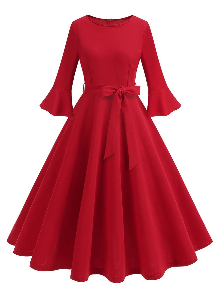 Levoire | Robe Trapèze Longue Fluide Ceinture À Nœud Manches Floues Élégante Vintage Bal De Promo Halloween Rot