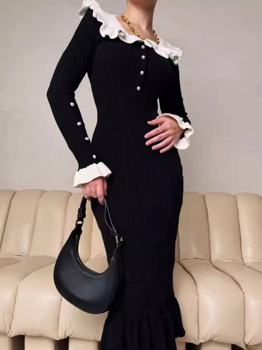 Levoire | Pull Robe Longue Étroite Avec Volants Bouton Perle Femme Doux Élégant Vintage Robe De Bal Sirène Noir