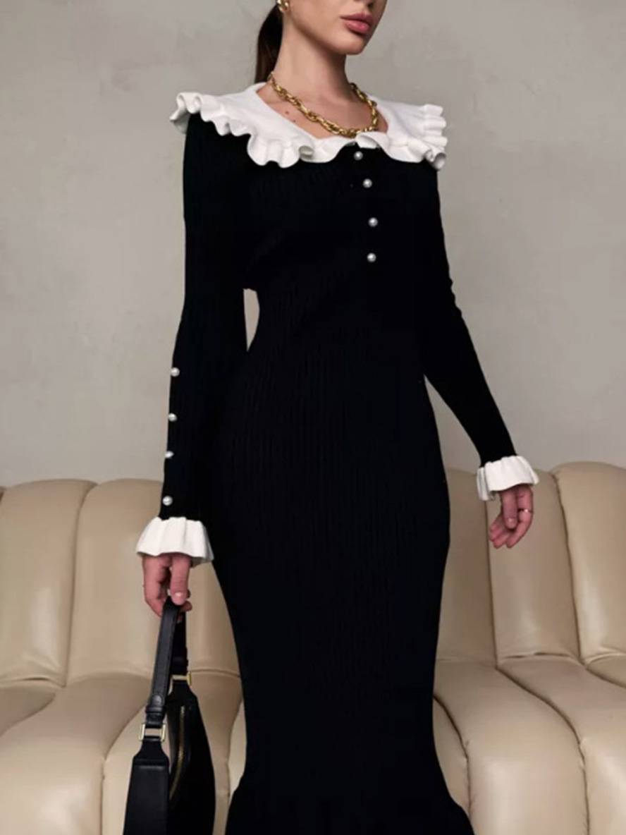 Levoire | Pull Robe Longue Étroite Avec Volants Bouton Perle Femme Doux Élégant Vintage Robe De Bal Sirène