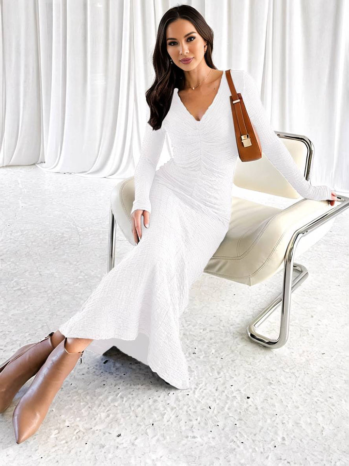 Levoire | Robe Longue Ajustée Sirène Décolleté En V Manches Longues Femme Élégante Décontractée Bal De Fin D'Année