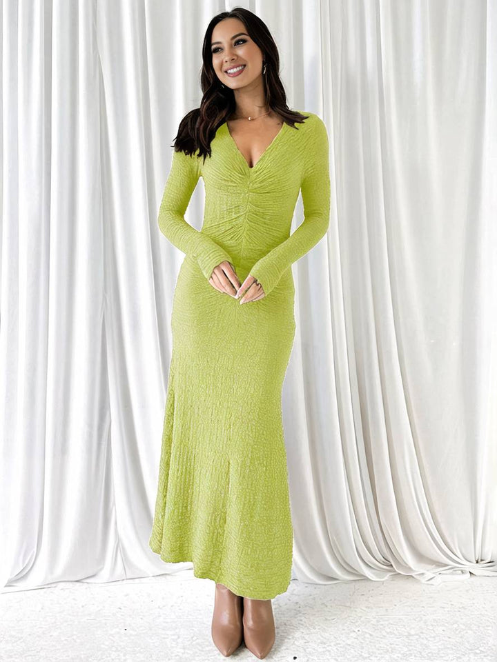 Levoire | Robe Longue Ajustée Sirène Décolleté En V Manches Longues Femme Élégante Décontractée Bal De Fin D'Année