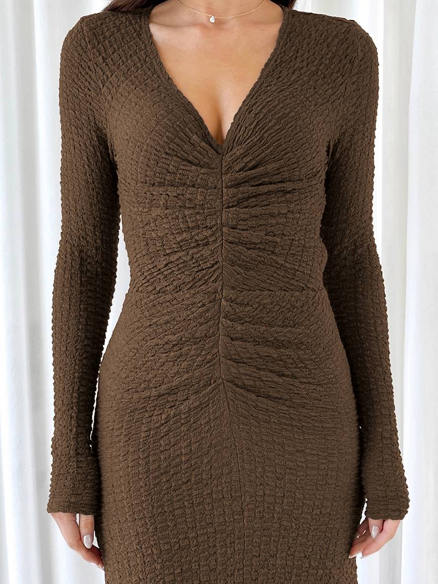 Levoire | Robe Longue Ajustée Sirène Décolleté En V Manches Longues Femme Élégante Décontractée Bal De Fin D'Année