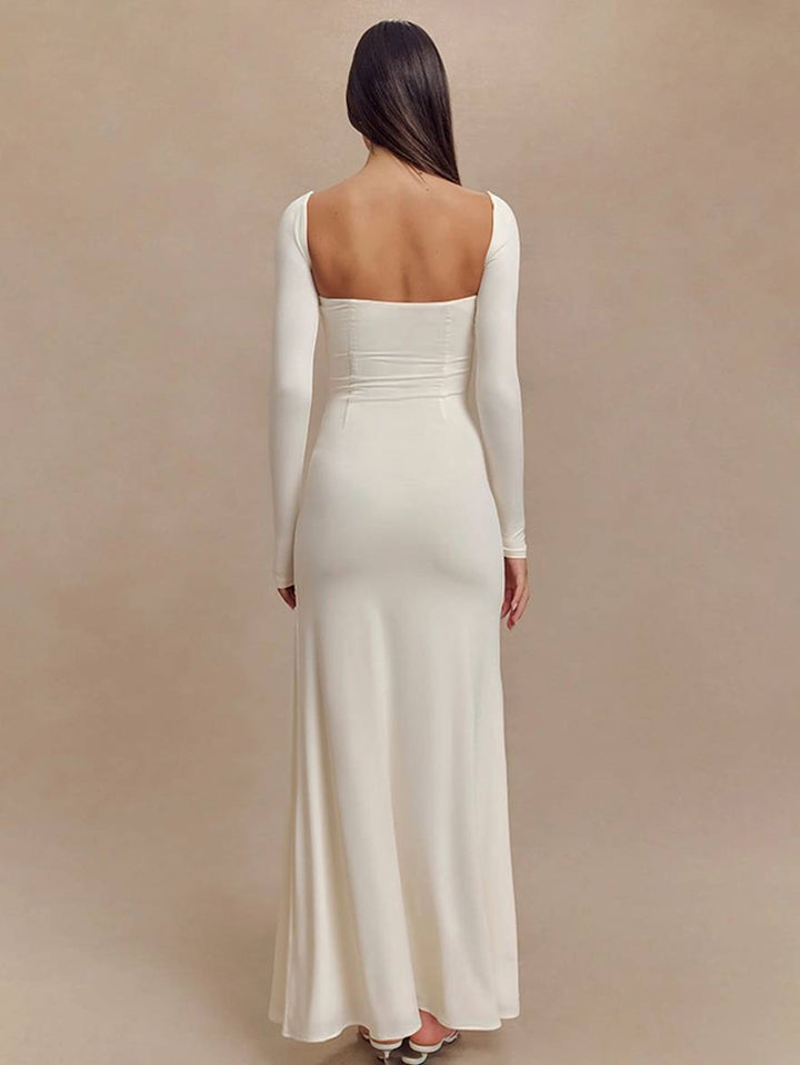Levoire | Robe Longue Flatteuse Pour La Silhouette Avec Fente Sur Le Côté Dos Nu Décolleté Carré Manches Longues Dames Élégante Décontractée Bal