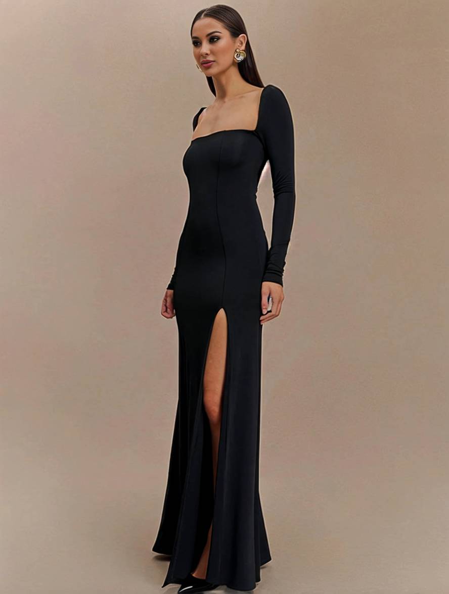 Levoire | Robe Longue Flatteuse Pour La Silhouette Avec Fente Sur Le Côté Dos Nu Décolleté Carré Manches Longues Dames Élégante Décontractée Bal