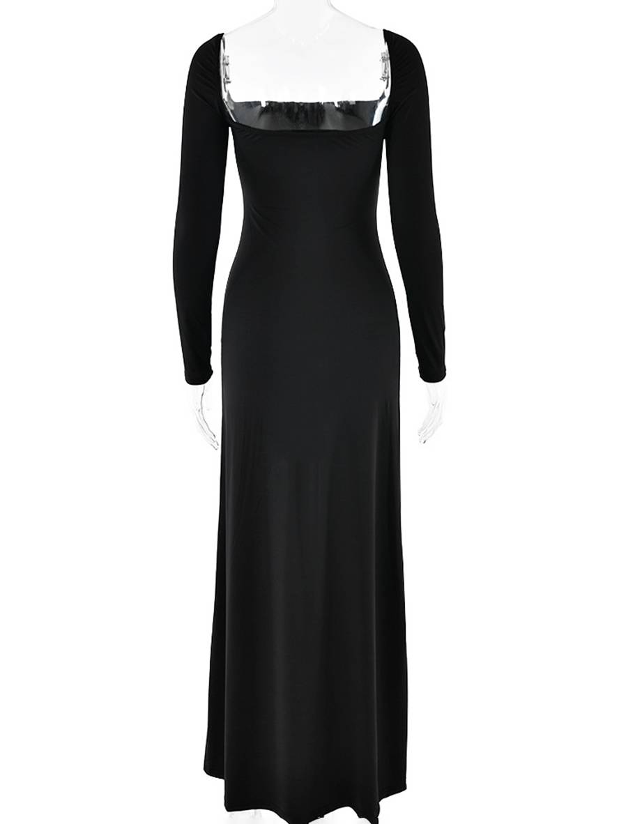 Levoire | Robe Longue Flatteuse Pour La Silhouette Avec Fente Sur Le Côté Dos Nu Décolleté Carré Manches Longues Dames Élégante Décontractée Bal