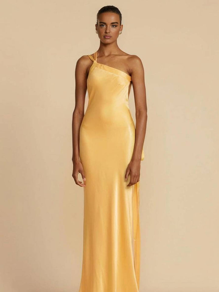Levoire | Robe Satin Longue Ajustée Une Épaule Dos Nu Ceinture Sans Manches Élégant Soirée Bal Bal De Fin D'Études Campagne