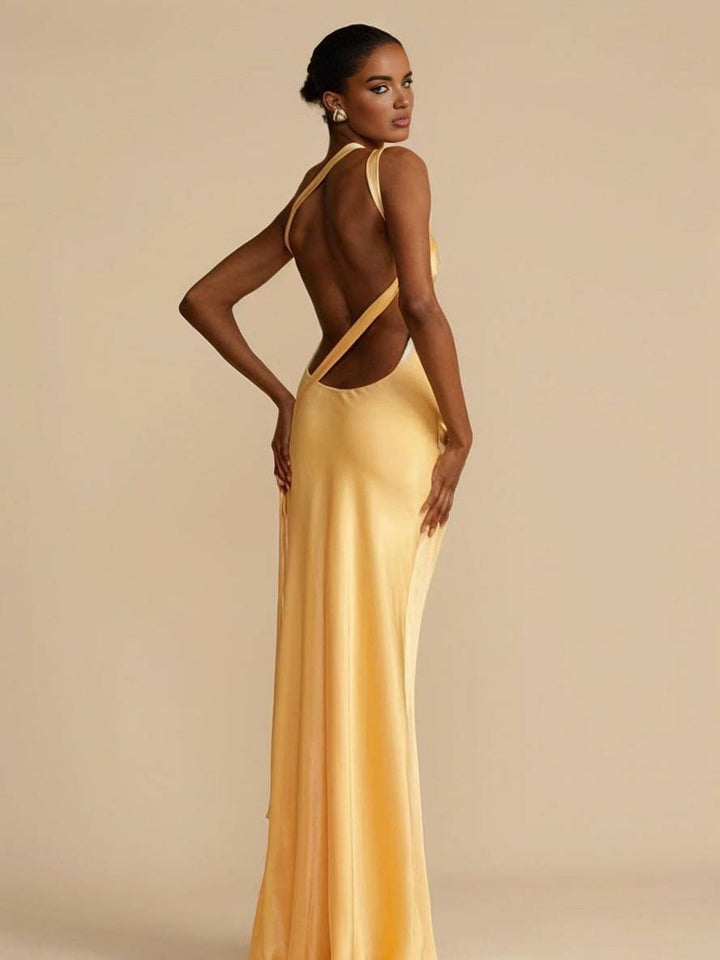 Levoire | Robe Satin Longue Ajustée Une Épaule Dos Nu Ceinture Sans Manches Élégant Soirée Bal Bal De Fin D'Études Campagne