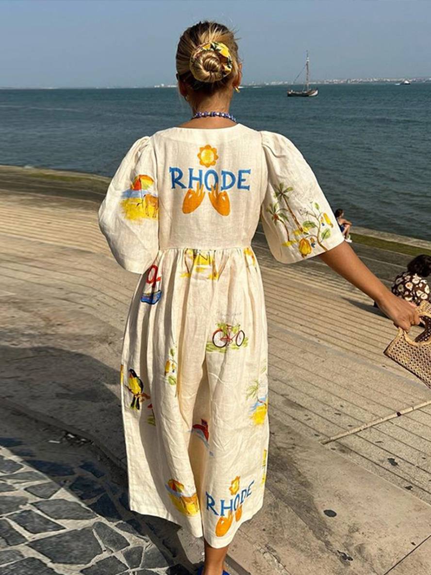 Levoire | Robe Longue En Lin Imprimé Unique Décolleté En V Patte De Boutonnage Manches Bouffantes Manches Courtes Femme Décontractée Ample Été Casual