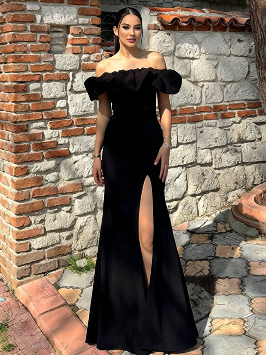 Levoire | Robe Bodycon Longue Découpe Bottes Fente Sur Le Côté Dos Nu Manches Courtes Femmes Élégante Soirée Bal Bal De Fin D'Année Noir