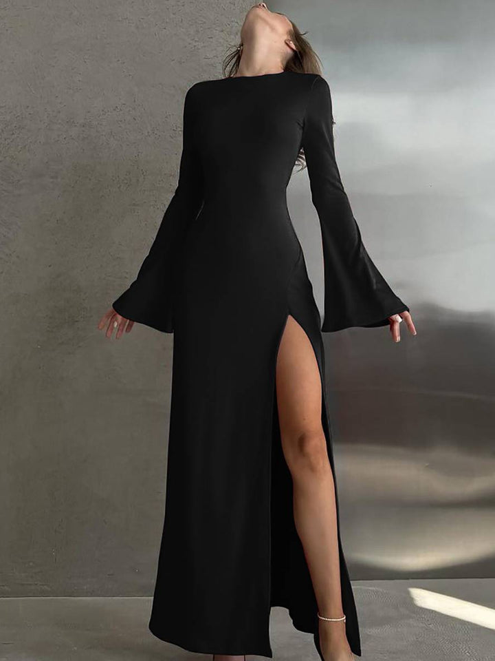 Levoire | Robe Longue Simple Avec Fente Sur Le Côté, Col Rond, Manches En Trompette, Manches Longues, Élégant, Bal De Fin D'Année