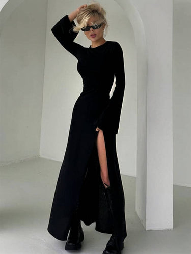 Levoire | Robe Longue Simple Avec Fente Sur Le Côté, Col Rond, Manches En Trompette, Manches Longues, Élégant, Bal De Fin D'Année