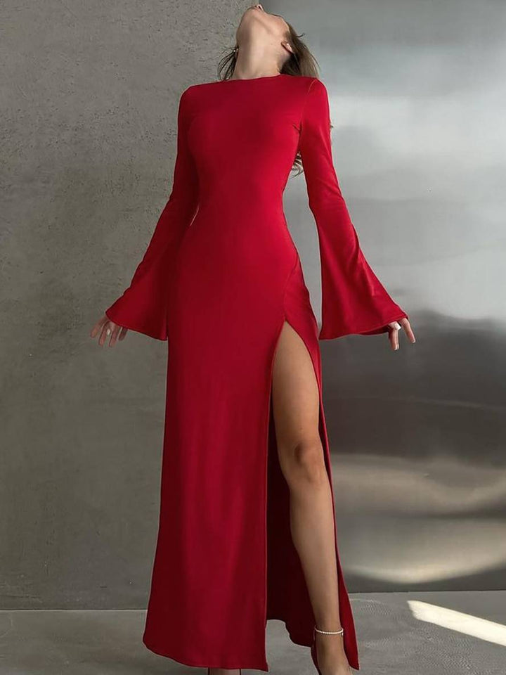 Levoire | Robe Longue Simple Avec Fente Sur Le Côté, Col Rond, Manches En Trompette, Manches Longues, Élégant, Bal De Fin D'Année