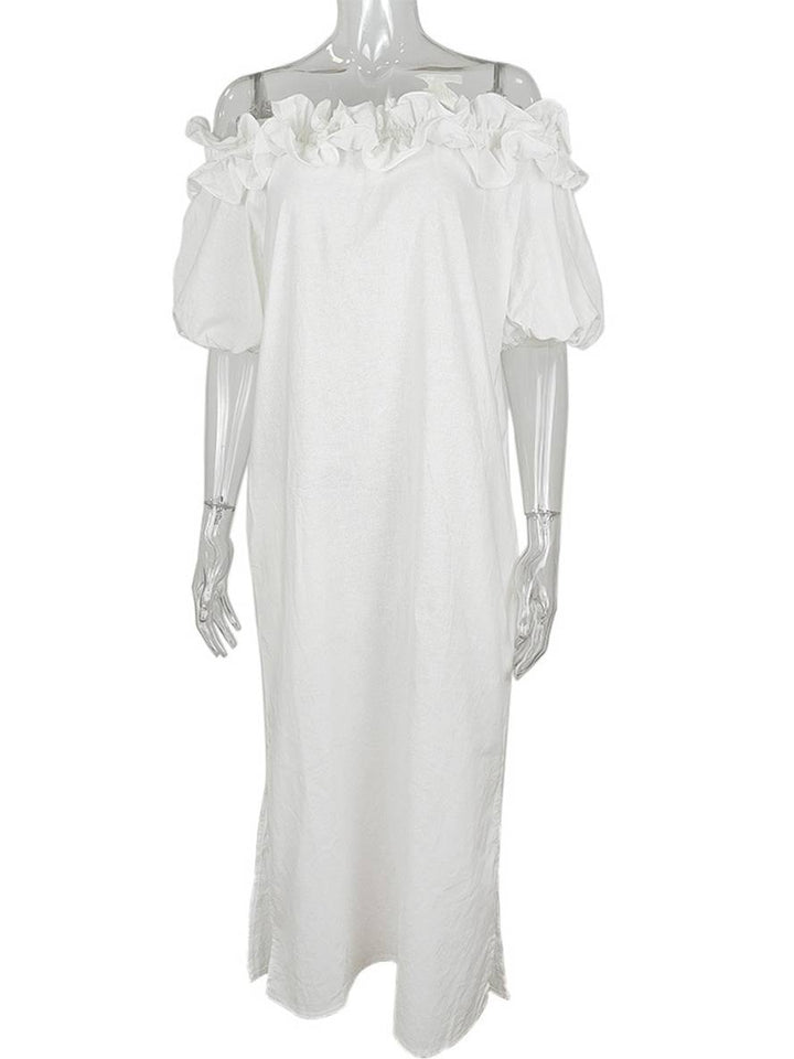Levoire | Robe Longue À Encolure En U Fente Latérale Manches Bouffantes Manches Courtes Femme Décontractée Ample Plage
