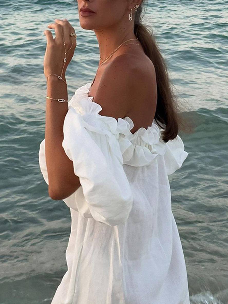 Levoire | Robe Longue À Encolure En U Fente Latérale Manches Bouffantes Manches Courtes Femme Décontractée Ample Plage