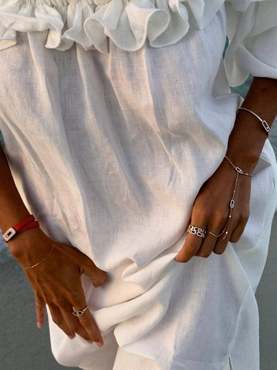Levoire | Robe Longue À Encolure En U Fente Latérale Manches Bouffantes Manches Courtes Femme Décontractée Ample Plage