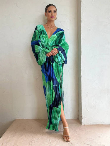 Levoire | Robe Tropicale Longue Avec Fente Plissé Décolleté En V Manches Chauve-Souris Manches Longues Dames Ample Décontracté Vintage