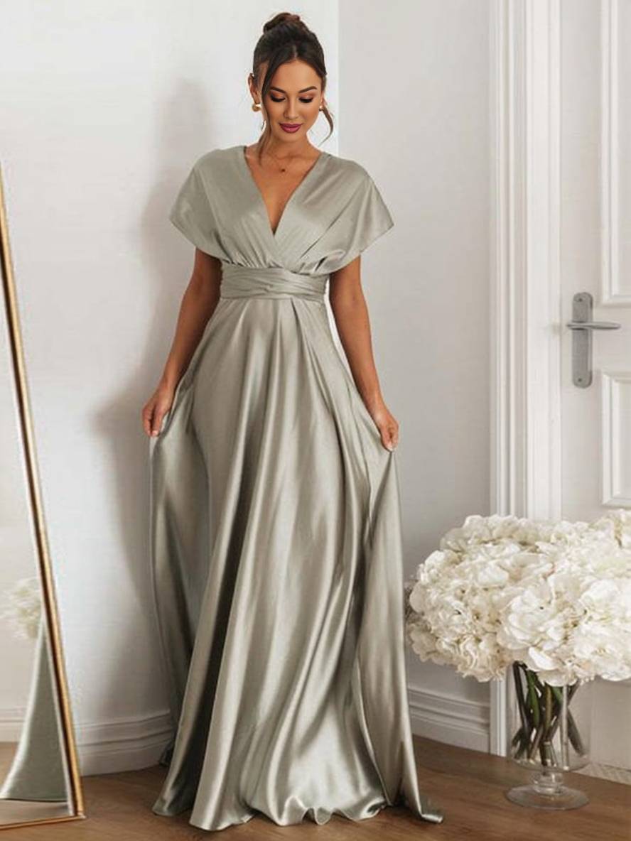 Levoire | Robe Demoiselle D'Honneur Bandeau Dos Nu Collier Sans Manches Élégante Robe De Soirée Pour Mariage Rural Gris