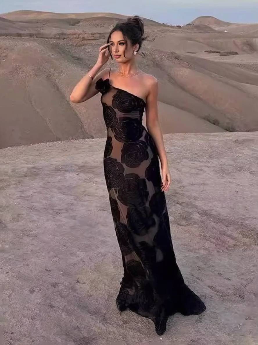 Levoire | Robe Longue Ajustée À Rayures Florales Sans Manches Dos Nu Femmes Vintage Soirée Noir Noir