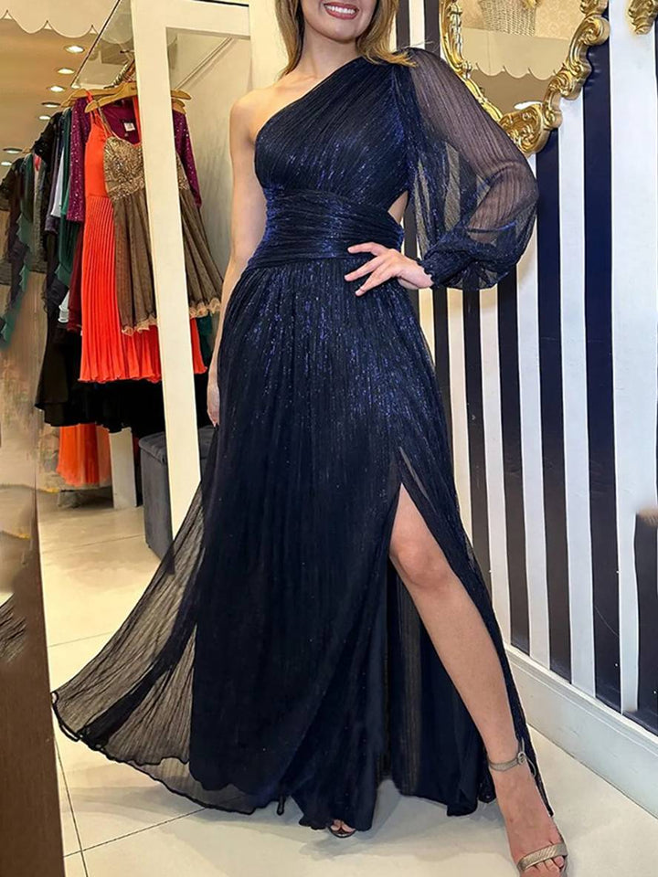Levoire | Robe Longue Une Épaule Tulle Fente Latérale Manches Évêque Manches Longues Femmes Élégante Bal De Fin D'Études Cérémonie Bleu foncé
