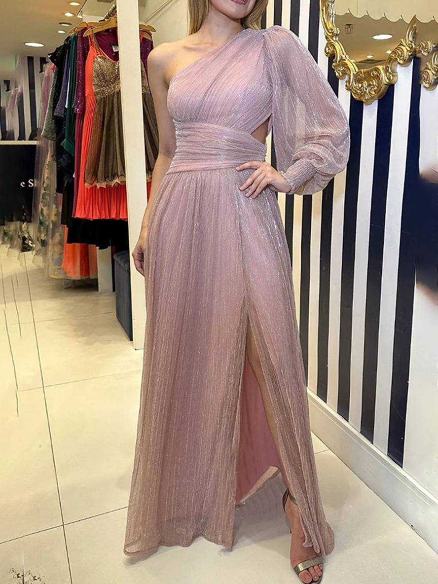 Levoire | Robe Longue Une Épaule Tulle Fente Latérale Manches Évêque Manches Longues Femmes Élégante Bal De Fin D'Études Cérémonie Rosa