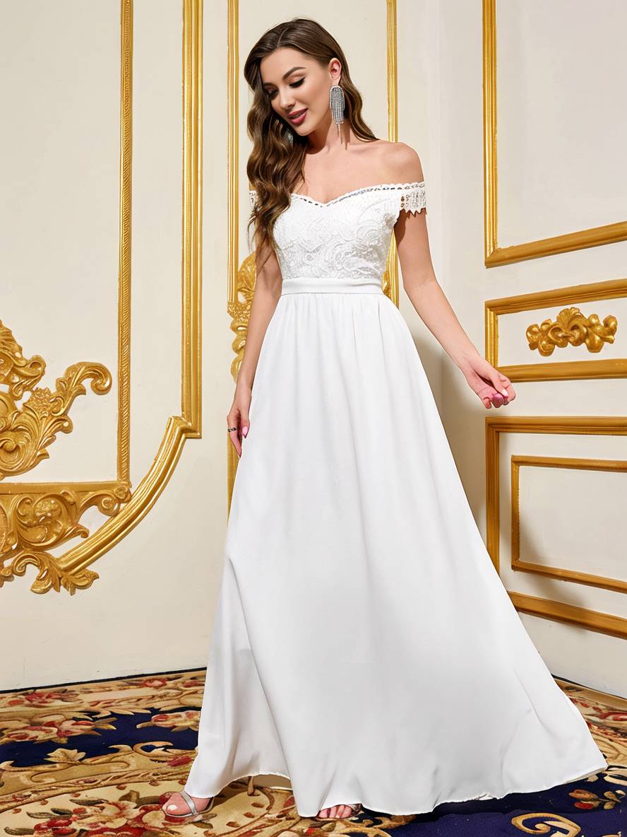 Levoire | Robe Longue Avec Dentelle, Décolleté Bateau, Dos Nu, Sans Manches, Robe De Soirée Élégante Pour Mariage