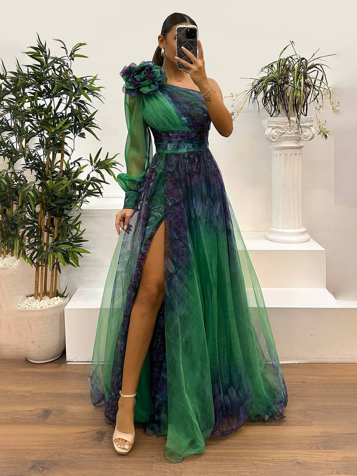 Levoire | Robe Longue Imprimé Floral En Tulle Fente Latérale Une Épaule Manches Longues Dames Élégante Événement Du Soir Bal De Fin D'Études Vert