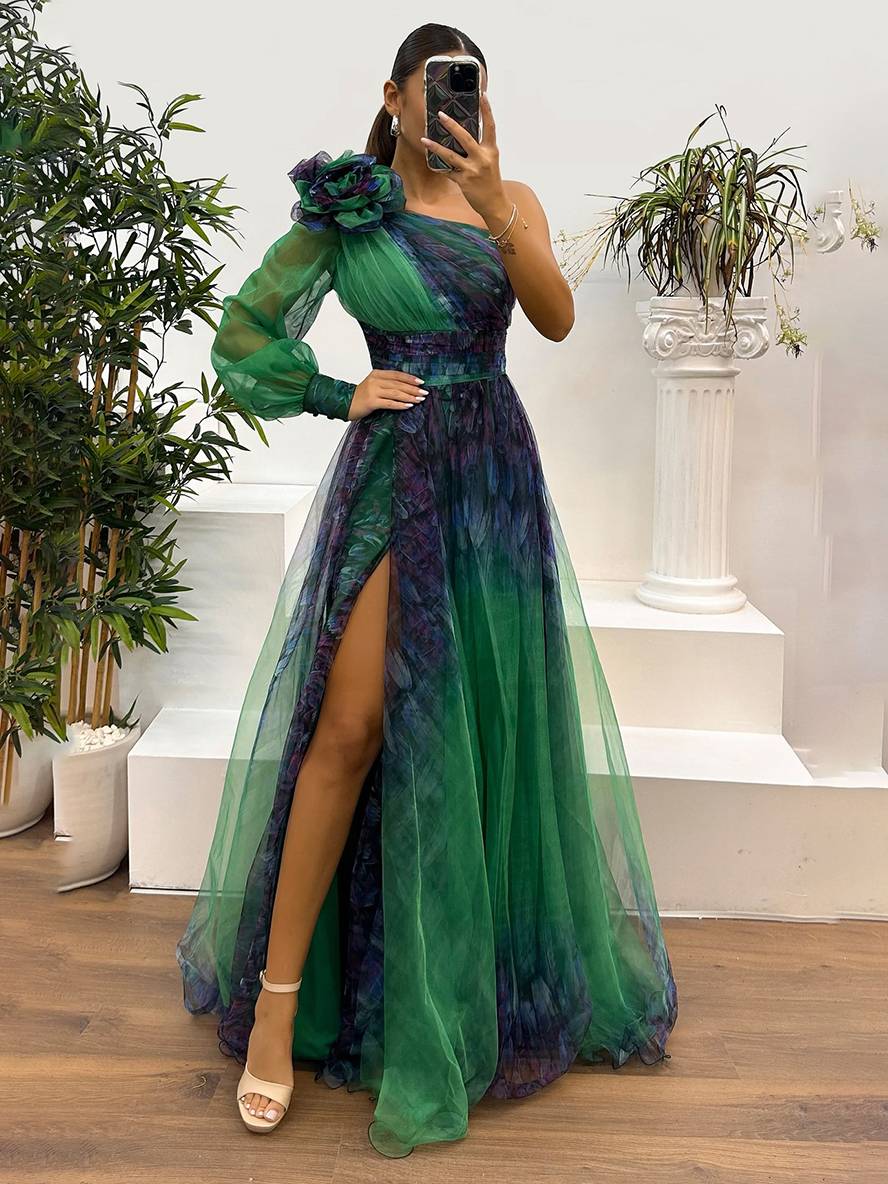 Levoire | Robe Longue Imprimé Floral En Tulle Fente Latérale Une Épaule Manches Longues Dames Élégante Événement Du Soir Bal De Fin D'Études