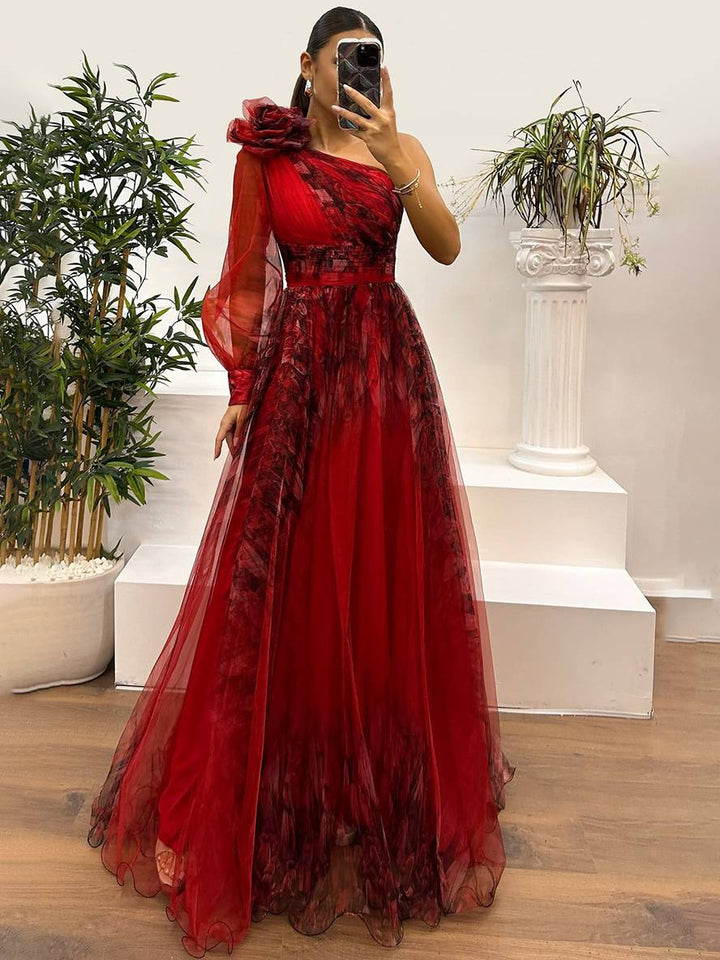 Levoire | Robe Longue Imprimé Floral En Tulle Fente Latérale Une Épaule Manches Longues Dames Élégante Événement Du Soir Bal De Fin D'Études