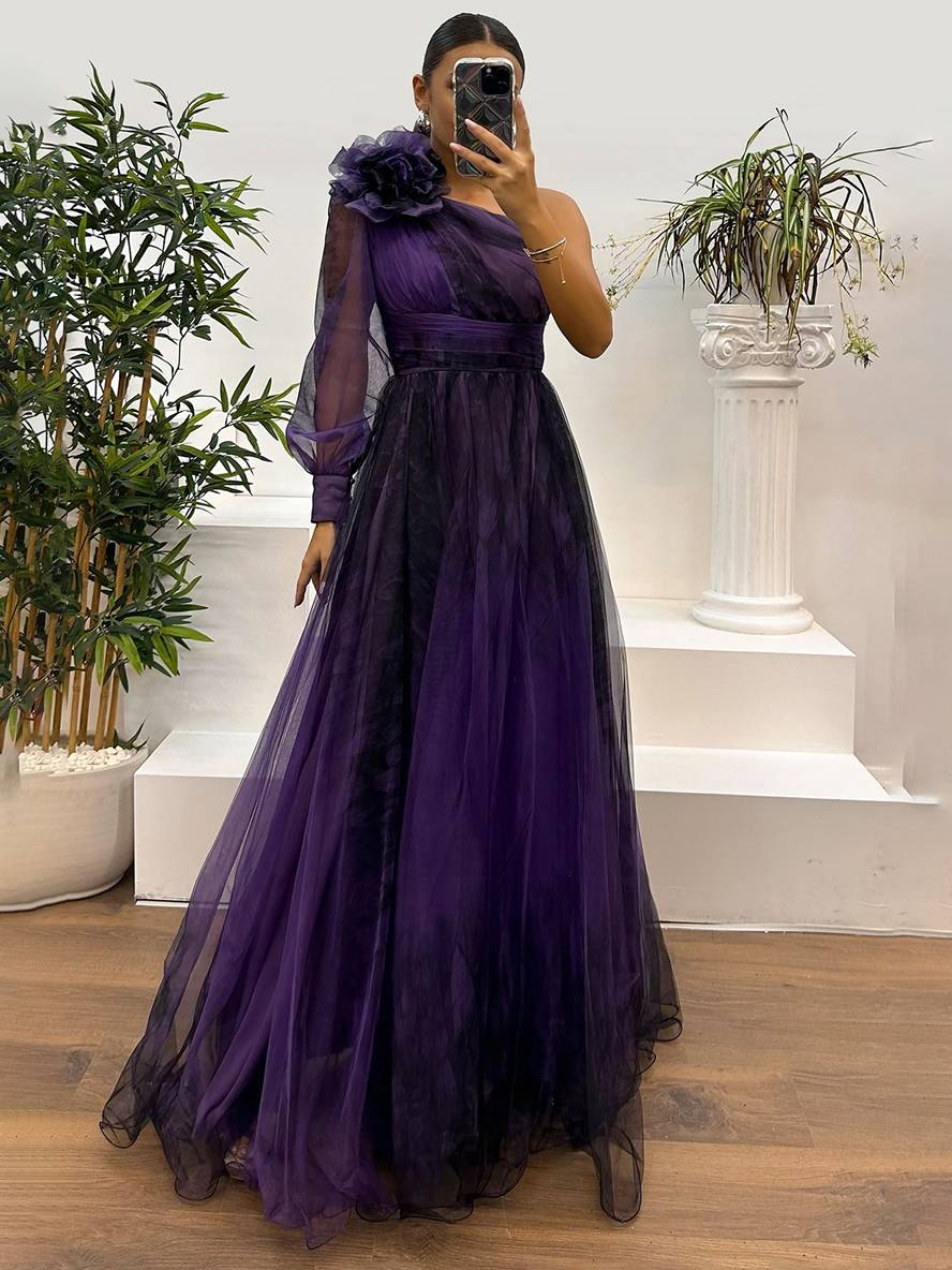 Levoire | Robe Longue Imprimé Floral En Tulle Fente Latérale Une Épaule Manches Longues Dames Élégante Événement Du Soir Bal De Fin D'Études