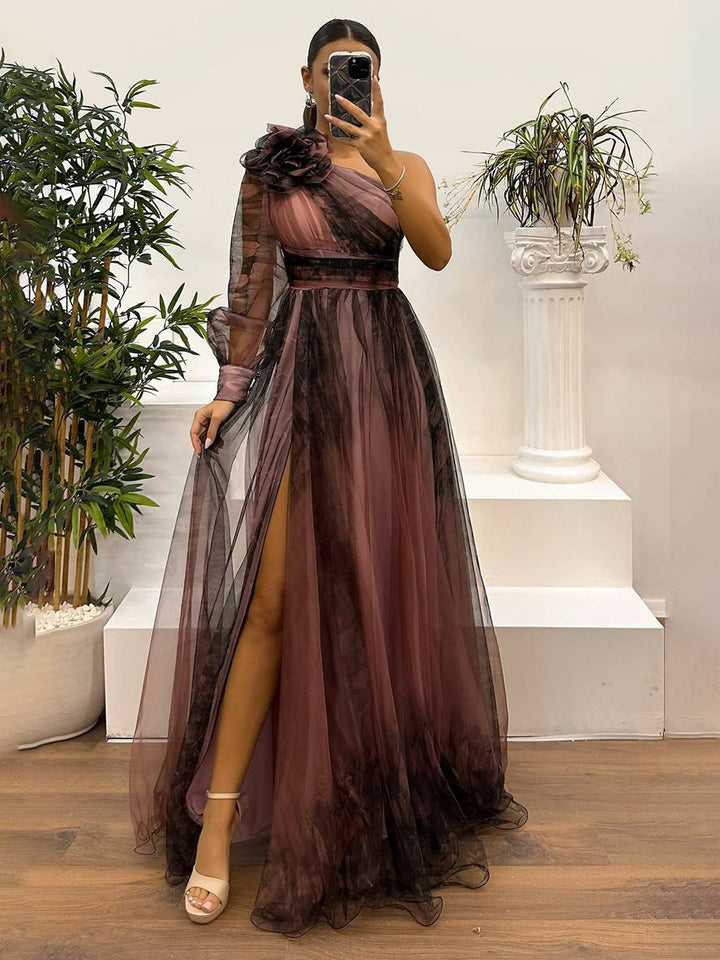 Levoire | Robe Longue Imprimé Floral En Tulle Fente Latérale Une Épaule Manches Longues Dames Élégante Événement Du Soir Bal De Fin D'Études
