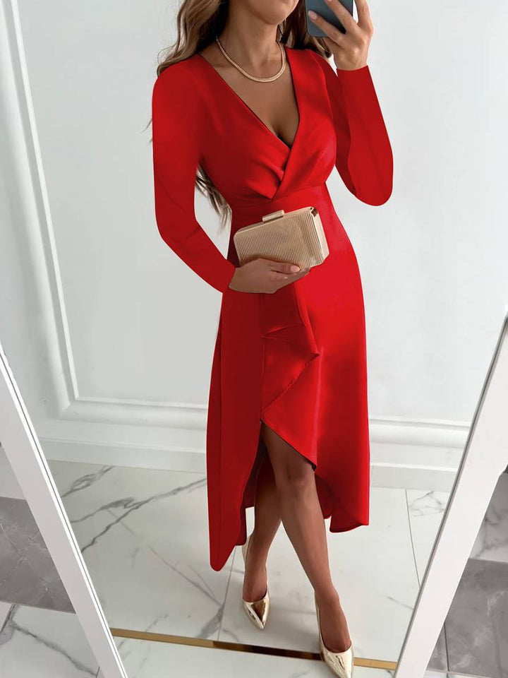 Levoire | Robe Longue Ajustée À Encolure En V Fente Latérale Manches Longues Irrégulière Élégante Pour Femmes Bal De Fin D'Année Rot