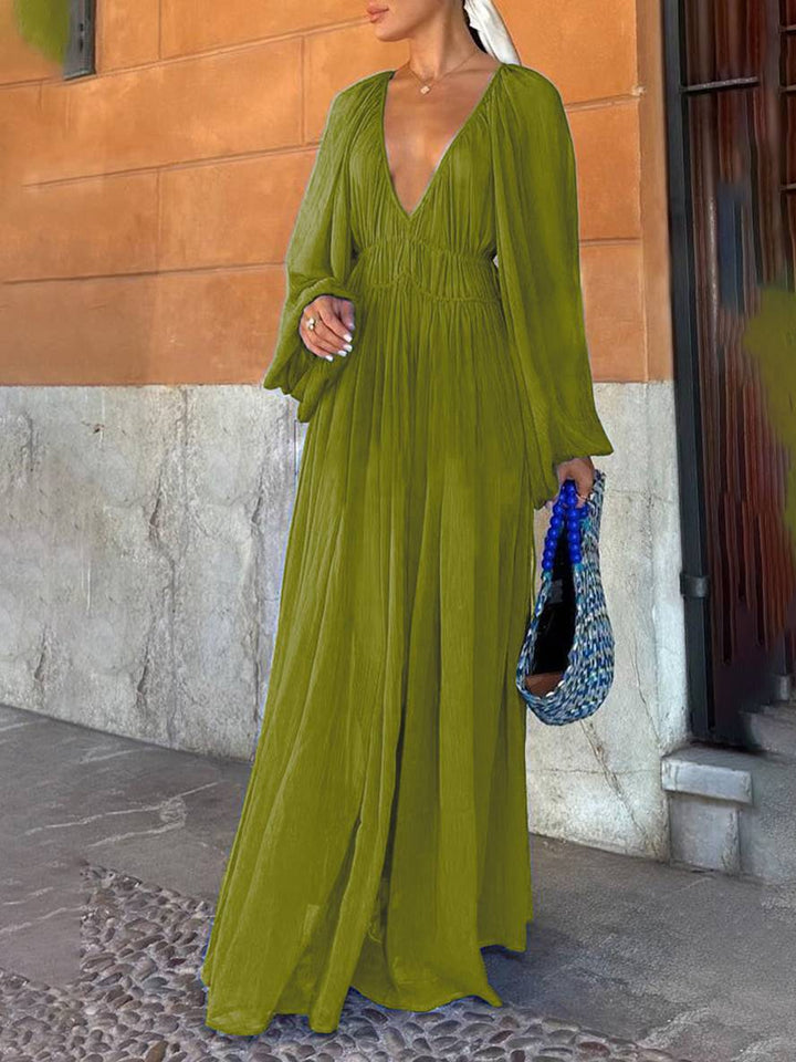 Levoire | Robe En Chiffon Longue Avec Décolleté Profond À Manches Longues Pour Femmes Décontractée Largue Plage Olive