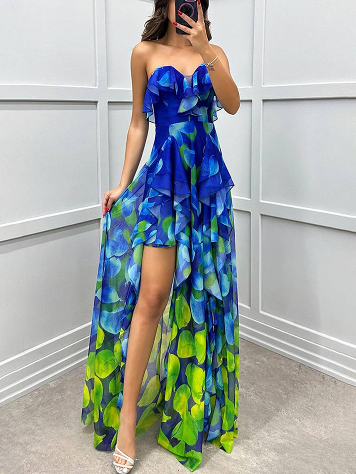 Levoire | Longue Robe À Motifs Floraux En Tulle Fente Latérale Bustier Dos Nu Sans Manches Élégante Robe De Plage Bleu