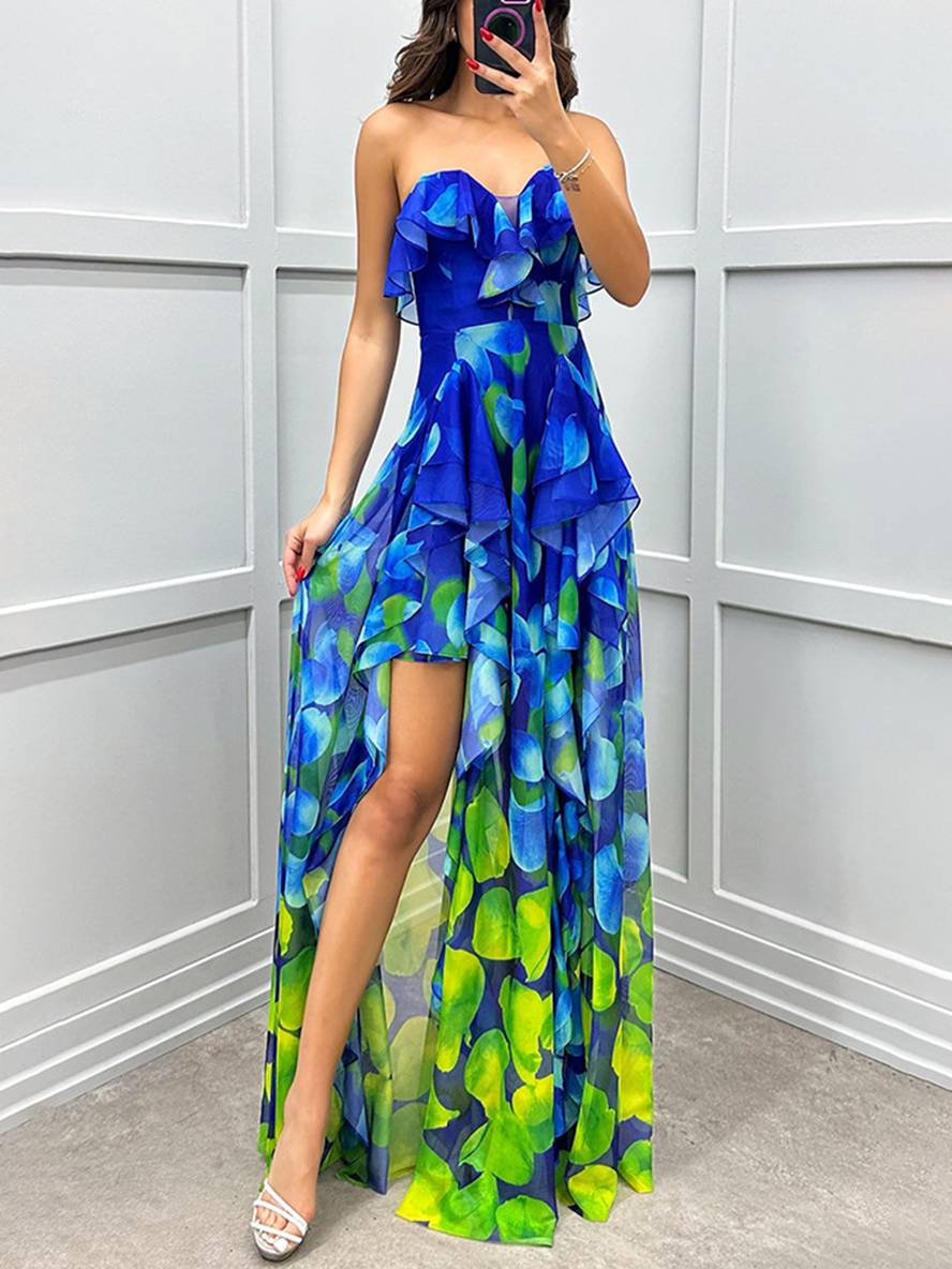 Levoire | Longue Robe À Motifs Floraux En Tulle Fente Latérale Bustier Dos Nu Sans Manches Élégante Robe De Plage