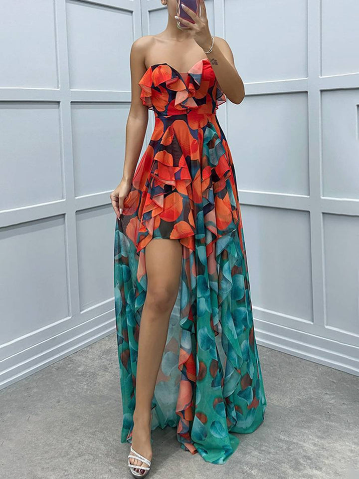 Levoire | Longue Robe À Motifs Floraux En Tulle Fente Latérale Bustier Dos Nu Sans Manches Élégante Robe De Plage