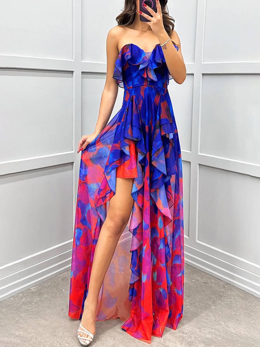 Levoire | Longue Robe À Motifs Floraux En Tulle Fente Latérale Bustier Dos Nu Sans Manches Élégante Robe De Plage