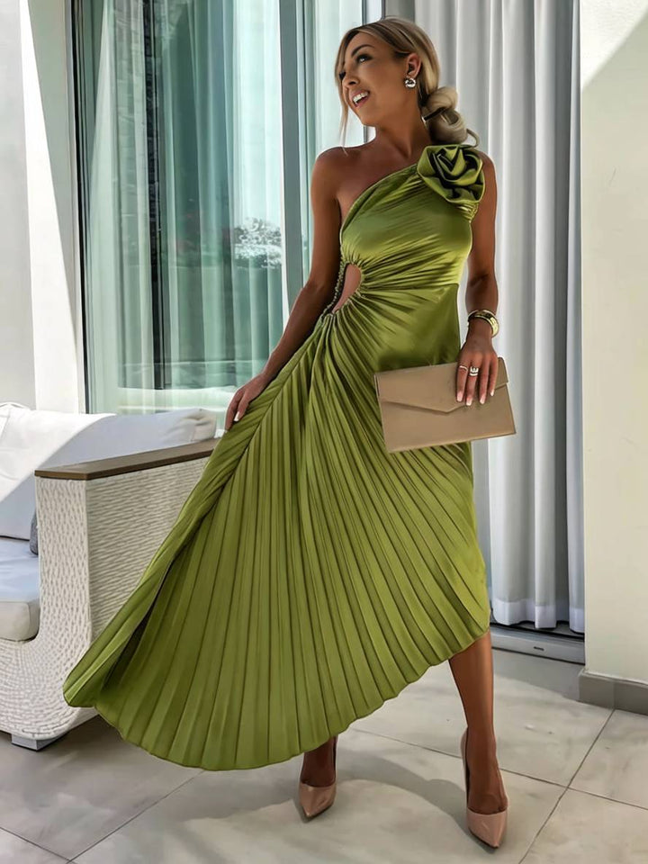 Levoire | Robe Plissée À Une Épaule Longue Sans Manches Femme Élégante Casual Prom Plage Vert